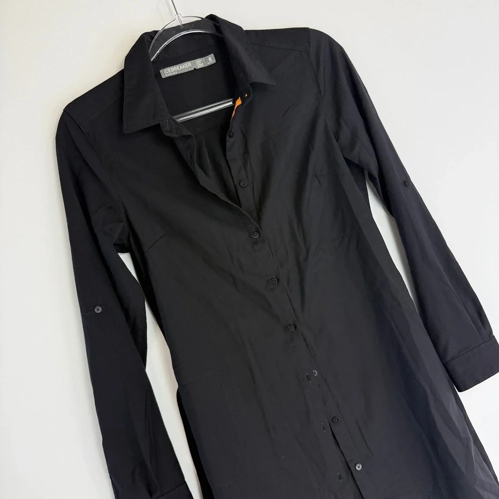 Icebreaker Destiny Shirt Dress Womens S Black Merino Wool Blend Roll Tab Belted
